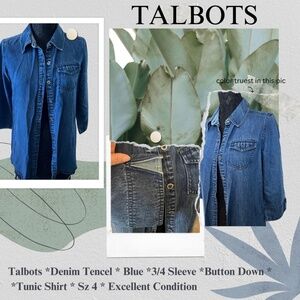 Talbots Denim Tencel - 3/4 Sleeve - Button  Down Front Tunic Shirt - womens Sz 4